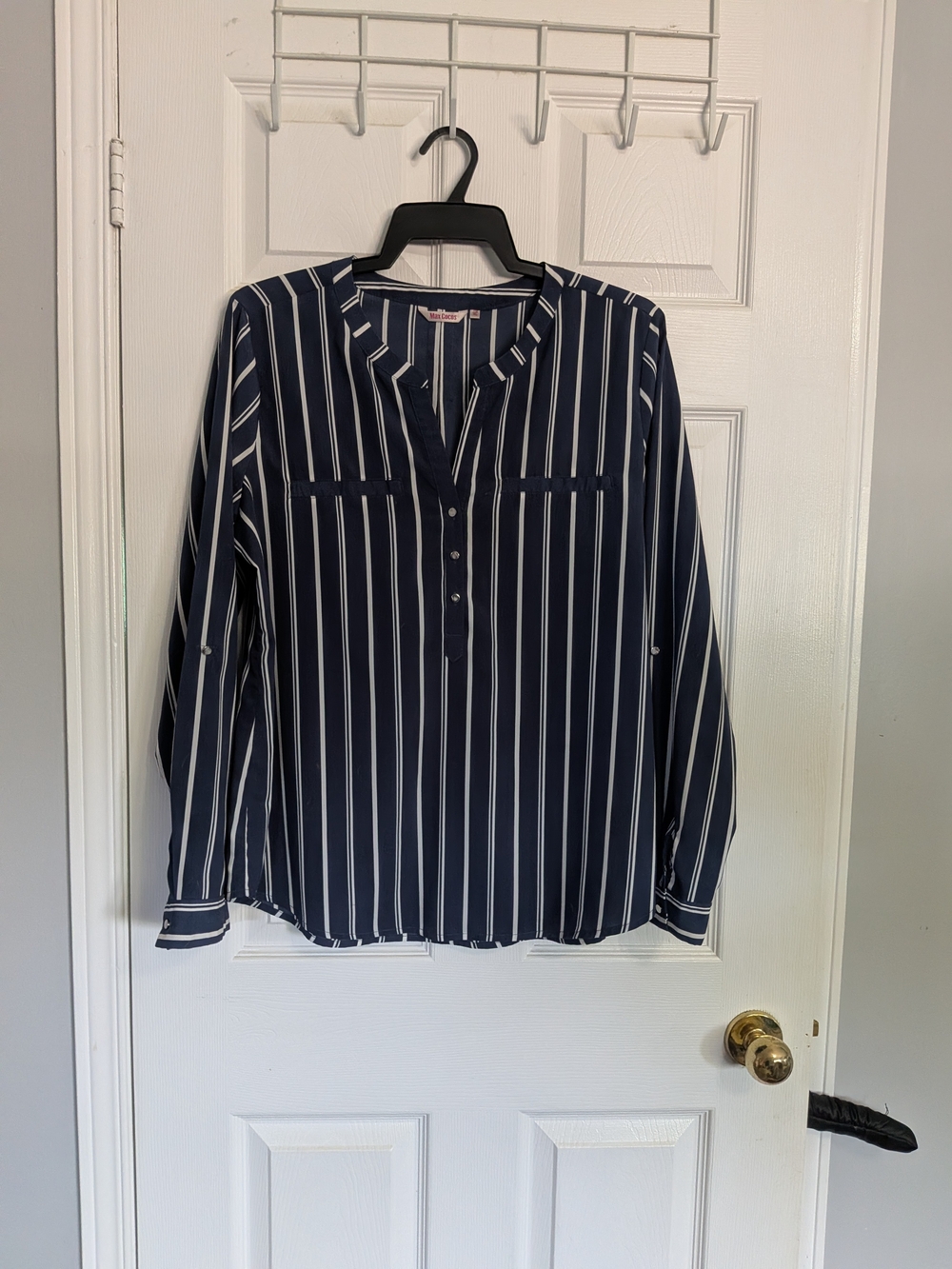 Navy Vertical Stripe Button-Front Blouse